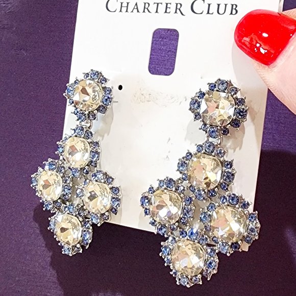 NWT Charter Club Blue White Dramatic Rhinestone Dangle Party Pierced Earrings - Picture 3 of 10
